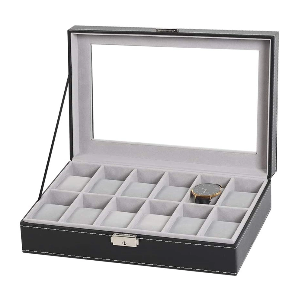 Glass Top PU Box 12-Slot Leather Watch Case Organizer Watches Holder for Men