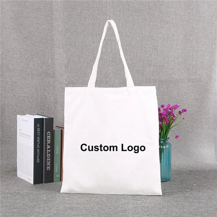 Custom Logo Printed White Cotton Canvas Drawstring Tote Bag for Shopping