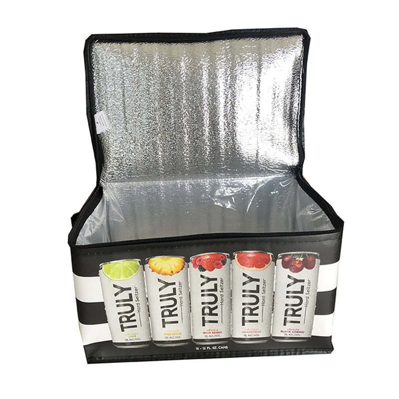 Customized Waterproof Lamination Printing Non Woven Aluminum Foil Plastic Film Insulated Thermal Beer Packaging Carrier Takeaway Delivery Cooler Shoulder Bag