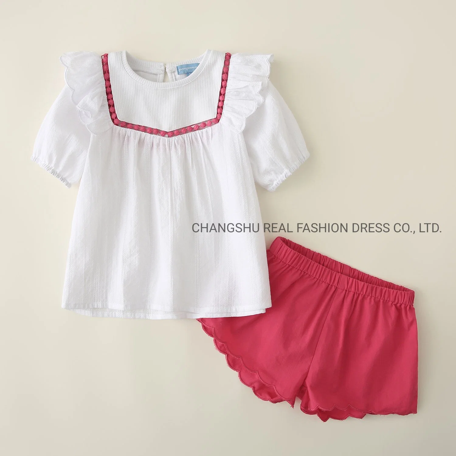 Baby Kids Children Clothing Girl Woven Top and Short Suit Clothing with Embroidery and Lace Tape