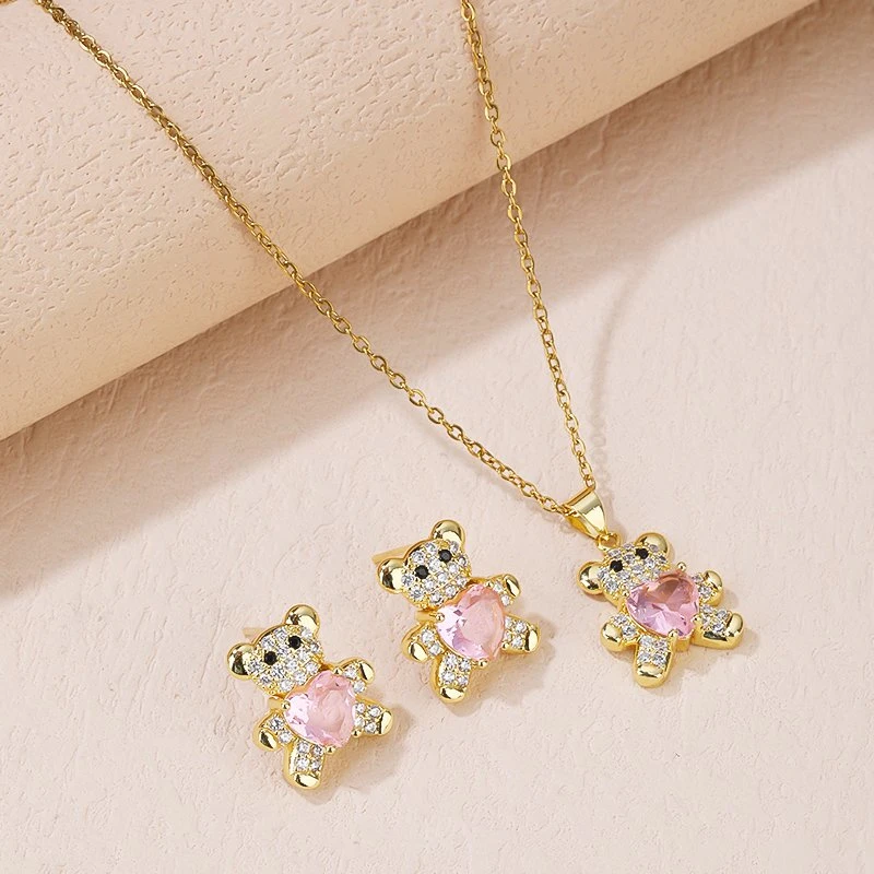 Wholesale/Supplier Fashion Steel Jewellery Set Bear Pendant Necklace and Earring Gold Jewelry Set for Girls