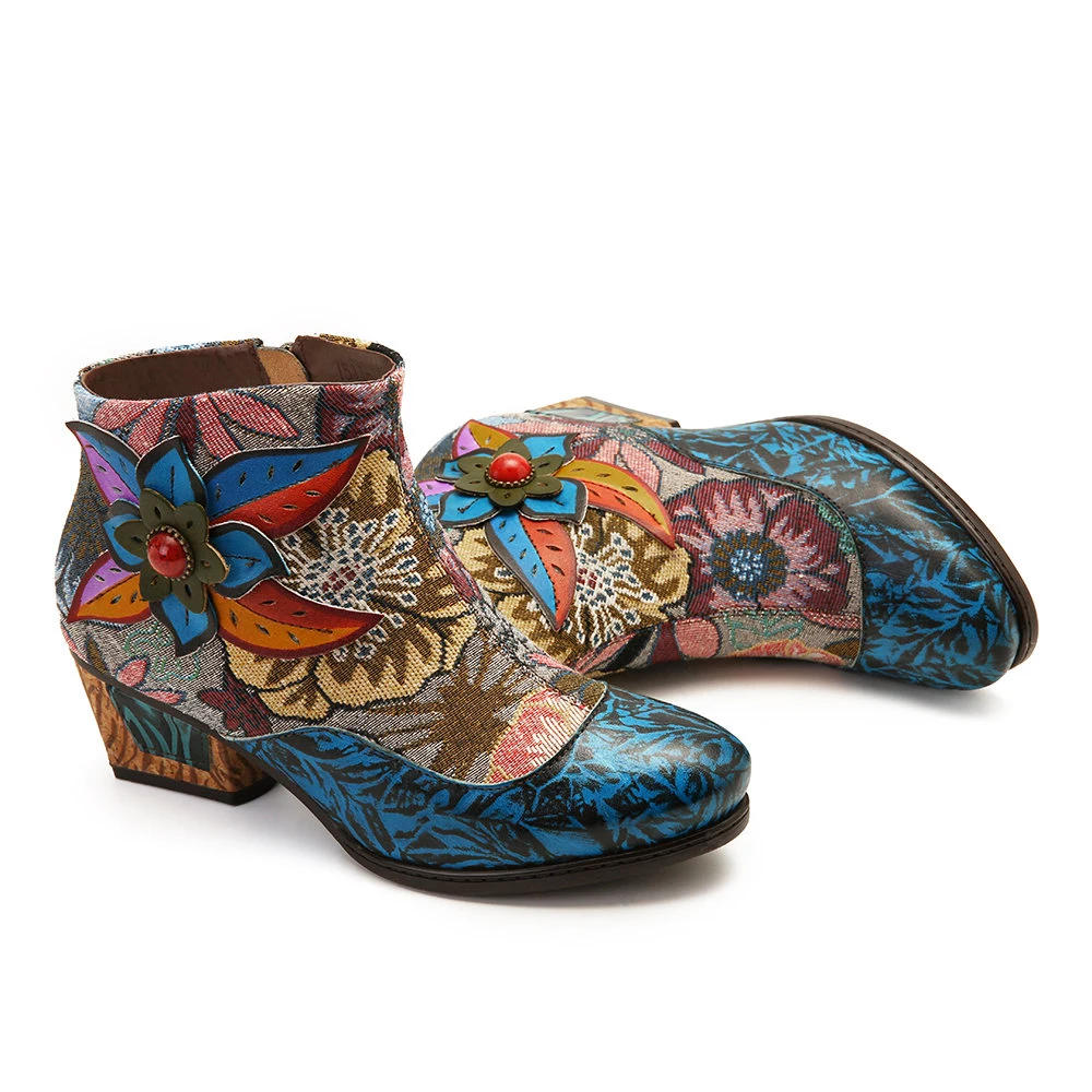 Boho Chic Style Cloth Splicing Flower Pattern Shoes Exotic Boots