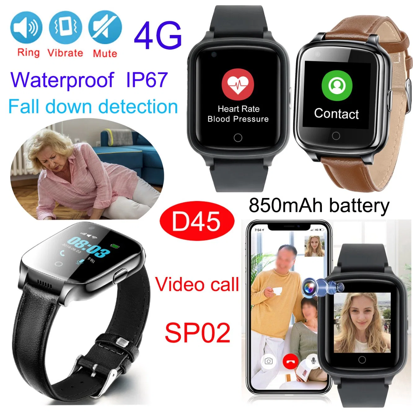 China fabricante 4G nueva llegada IP67 Waterproof Fall Down Alert Para Senior Watch Tracker GPS con monitor de frecuencia cardiaca D45