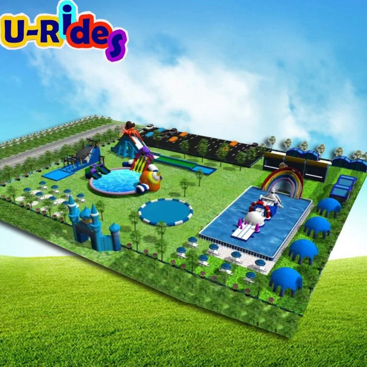 Parque de Diversiones Personalizar gran parque de agua inflable con tobogán acuático con piscina en el suelo