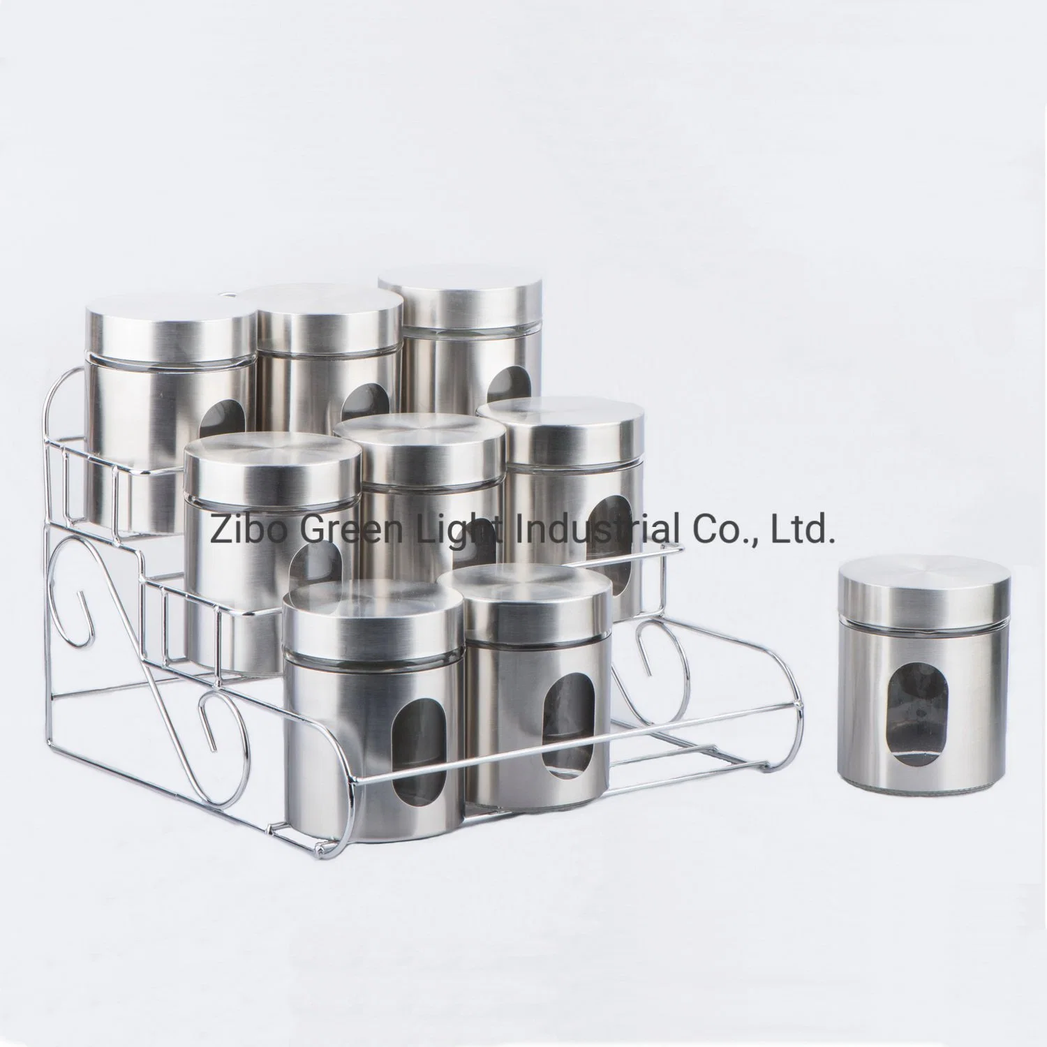 9PCS 600ml Glass Food Jar with Stainless Steel Casing and Metal Rack for Candy Sweets