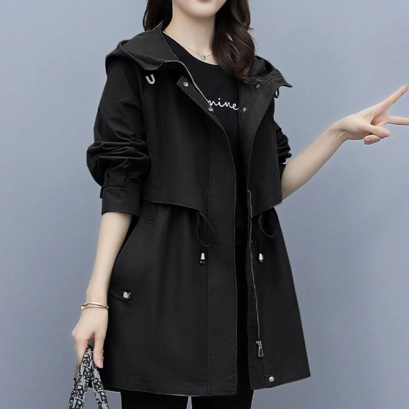 Women's MID Length New Korean Windbreaker Slim Fit Hooded Ajustable Trench Coat