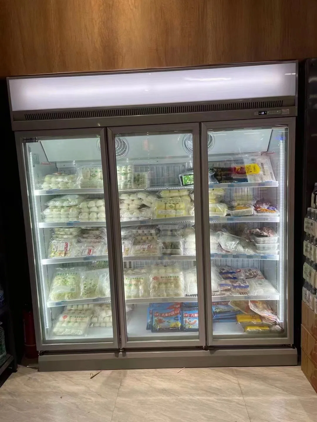 Tienda de conveniencia compresor parte superior vertical de vidrio puerta pantalla refrigerada Congelador