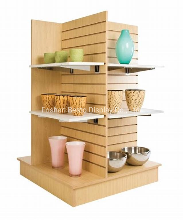 Europe Maple 4 Way Display Wood Cabinet with Hardware Hooks and MDF Shelves for Retail Shops Fixture Decoration