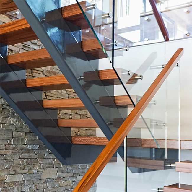 Prima Home Decoration Steel and Wood Straight Staircase with Glass Railing for Villa or Apartment