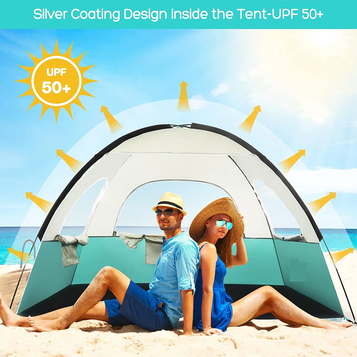 Beach Tent Sun Shelter, Anti-UV Sun Shade Tent for 3 Person Family with 3 Mesh Windows Portable Carrying Bag