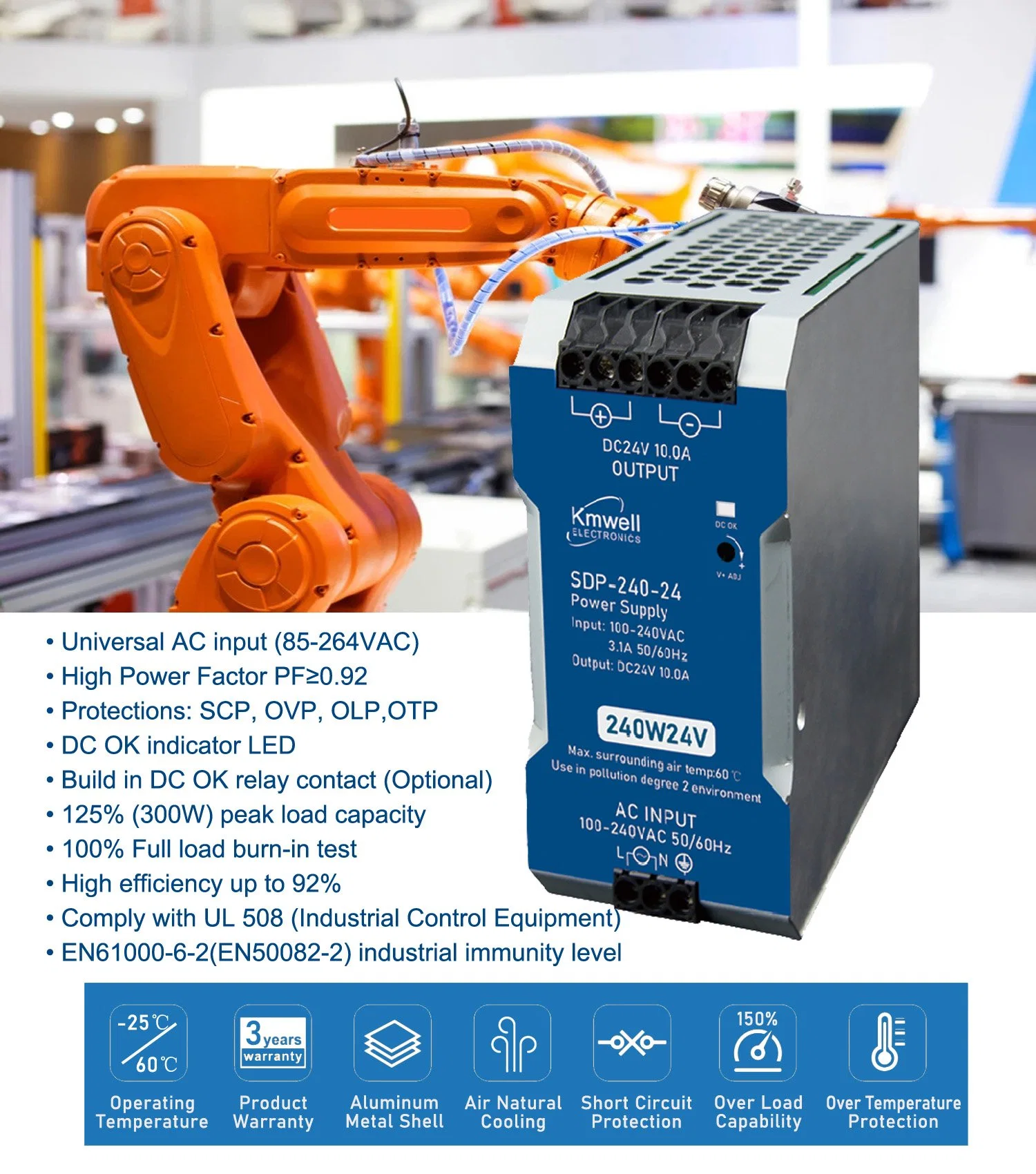 Construido en el SDP-240-24 Pfc Industrial de la tensión de entrada universal de alimentación del interruptor de carril DIN con CE CB Eac RoHS