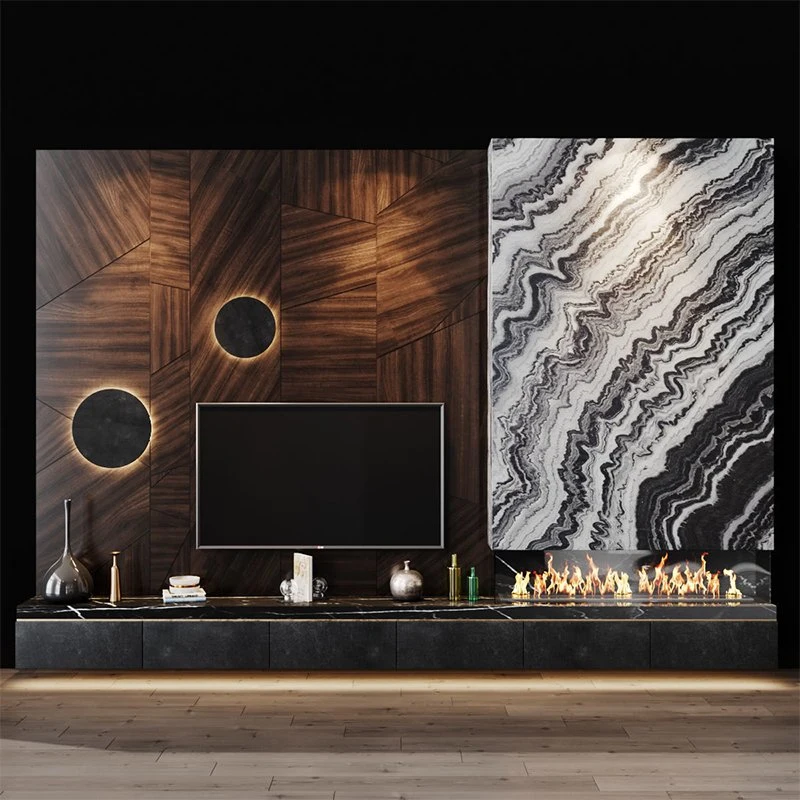 Meuble mural TV de grande taille en bois moderne combiné avec des lumières et des designs de vitrine.