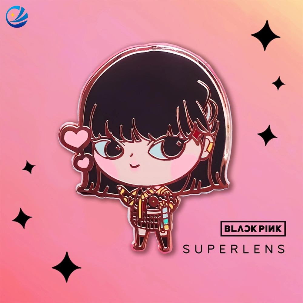 Pin Maker Custom Hard Metal Korean Cute Girl Lapel Pin Badge Black Nickel Plated Kpop Idol Group Black Pink Beauty Enamel Pin