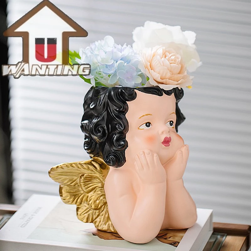 Winged Bust Angel Customized Flower Pot Garden Furniture Child Head Face Vase