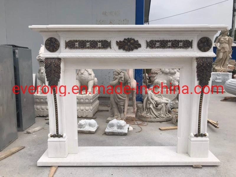 White Electric Fireplace Marble Mantel Fireplace with Bronze Statues Casting