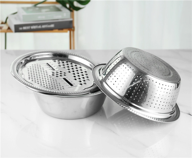 Multi-Functional 3PCS Stainless Steel Strainer Wet Basket with Grater Vegetable Colanders