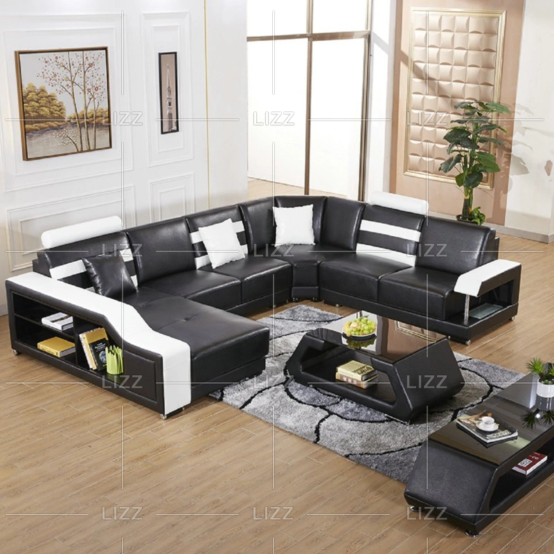 Italy Furniture Modern Genuine Leather Sectional Leisure Corner LED Sofa