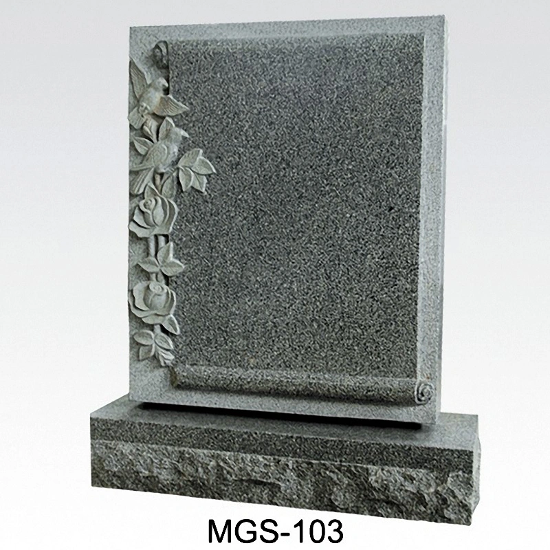 American Flower Carving Gray Granite Upright Monument Tombstone with Vase