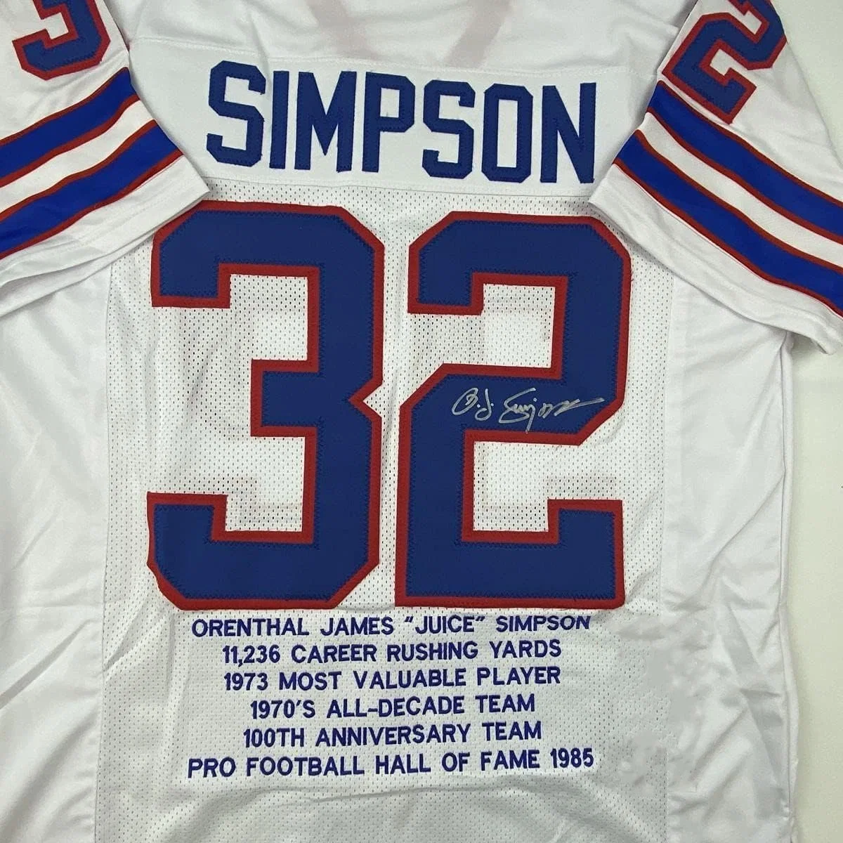 تم التوقيع على شهادة OJ OJ O.J. Simpson Buffalo White Stat Football Jersey JSA COA