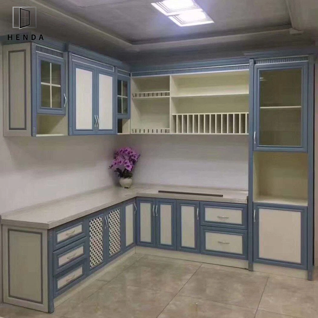 L Shape Europe Solid Wood Kitchen Cabinet Customized Design Blue Color Kitchen Supplier