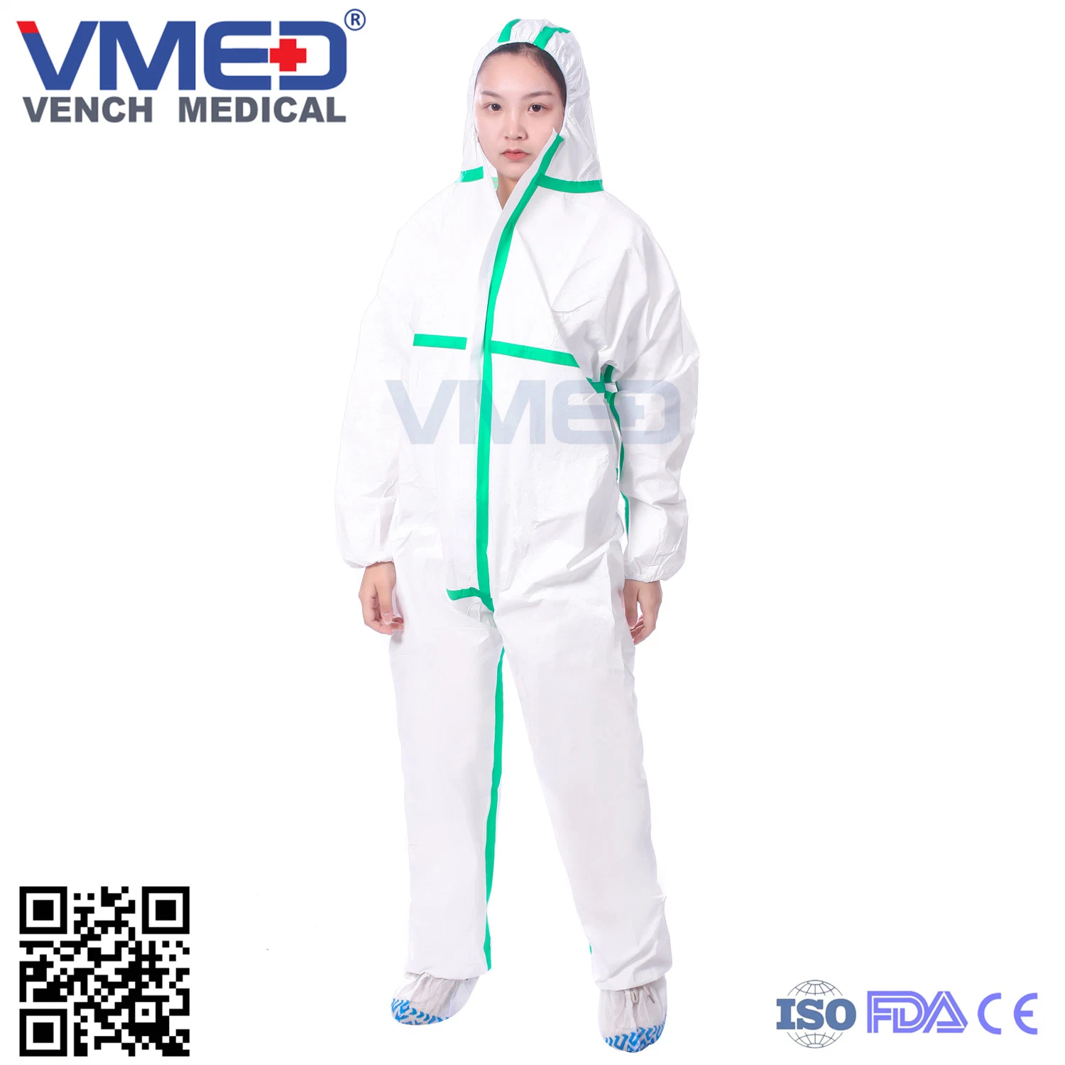 Disposable Type 4/5/6 Micro-Porous White Coverall with Green Adhesive Strip