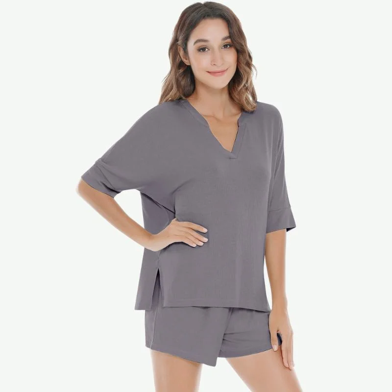 Wholesale/Supplier Desinger Cozy Womens V-Neck Bamboo Knitted Organic Cotton 2 Piece Short Sleeve Pajamas