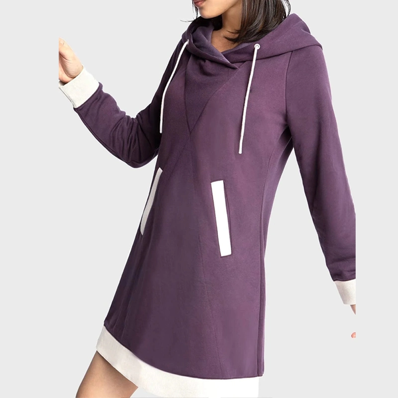 Custom Logo Cotton Polyester French Terry Color Block Hoodie Dress for Women
