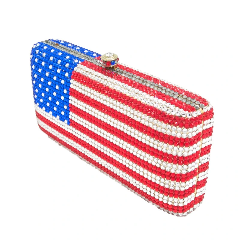 Leb1402 USA American Flag Pattern Women Diamond Clutch Handbags Mini Rhinestone Bling Purse Evening Bag Crystal