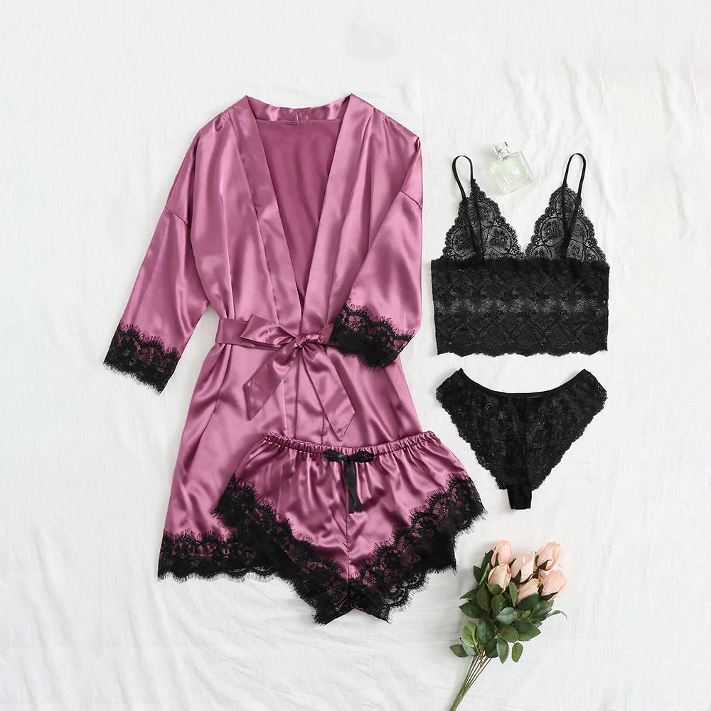 Women's Sexy Long Sleeve Bridal Lingeries Sleepwear Lingerie Set with Robe