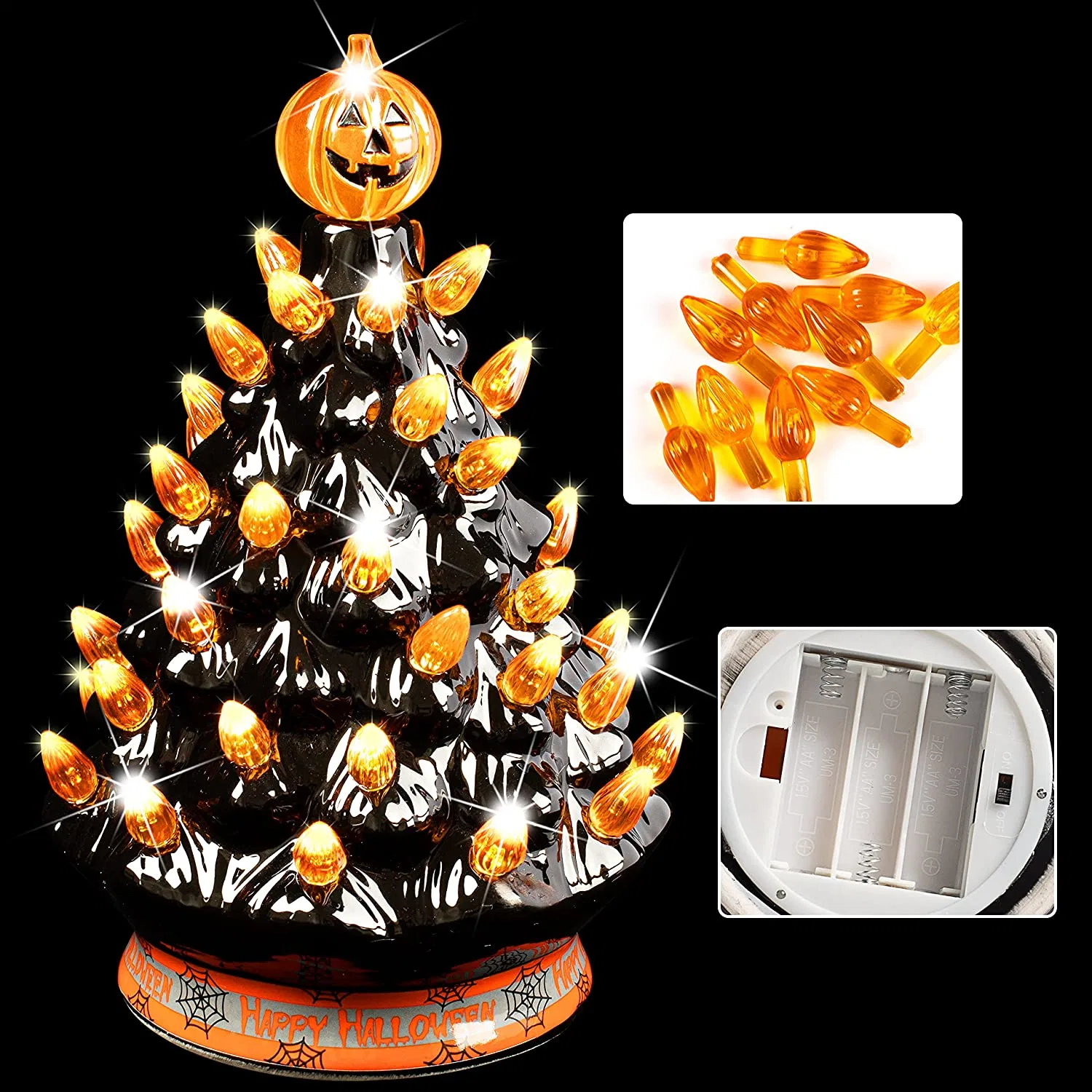 Halloween Pre-Lit Ceramic Tabletop Tree Halloween Ceramic Tree Decoration with Orange Bulb Lights & Pumpkin Head Topper for Halloween D&eacute;cor for Promotion