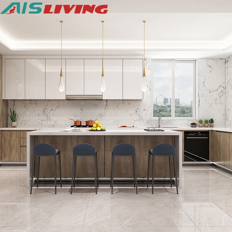 AIS China Popular de estilo moderno diseño clásico y elegante simple marrón duradera asequible la melamina, gabinetes de cocina con isla