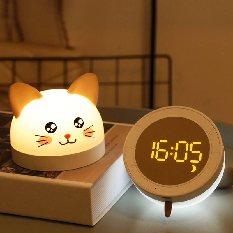 Cute Cat LED Silicone Night Light Alarm Clock with Remote Control