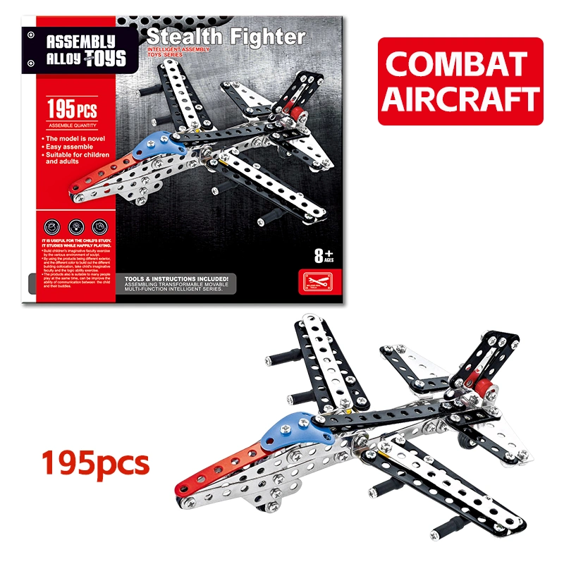 195PCS Stem Alloy War Fighter Construction Block Play Set Kids Hand-on Ability Training DIY Metal Aircraft Assembly Model Toys