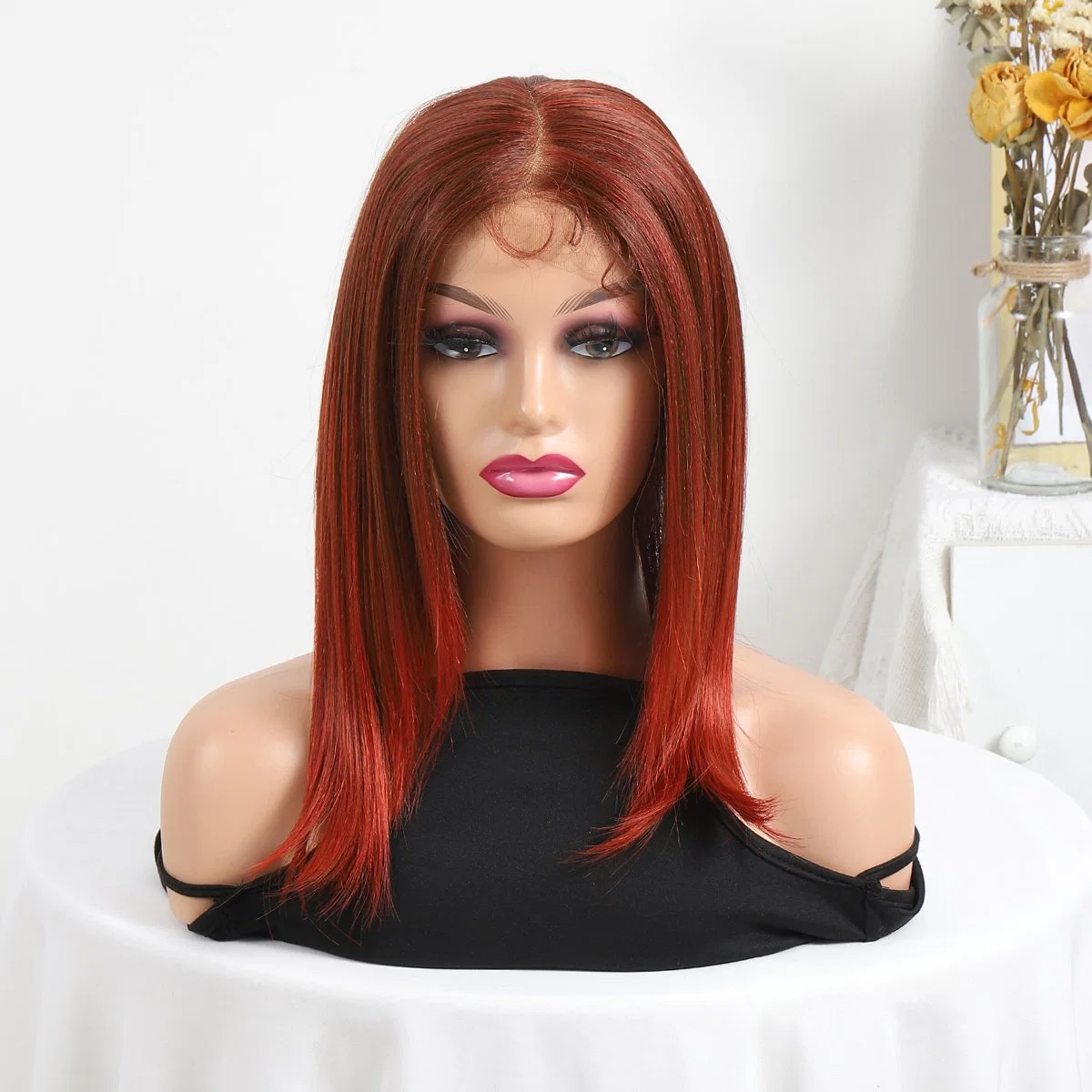 European and American Wine Red Medium Long Straight Hair Chemical Fiber Hair