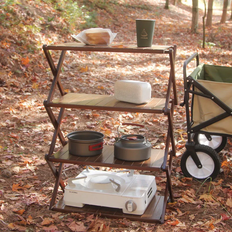 Rack de rangement de table de camping ultra-léger pliable en bois massif et multifonction d'extérieur