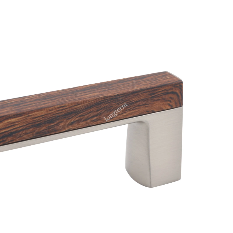 Zinc Alloy Brushed Satin Nickel and Wood Grain Cabinet Handle