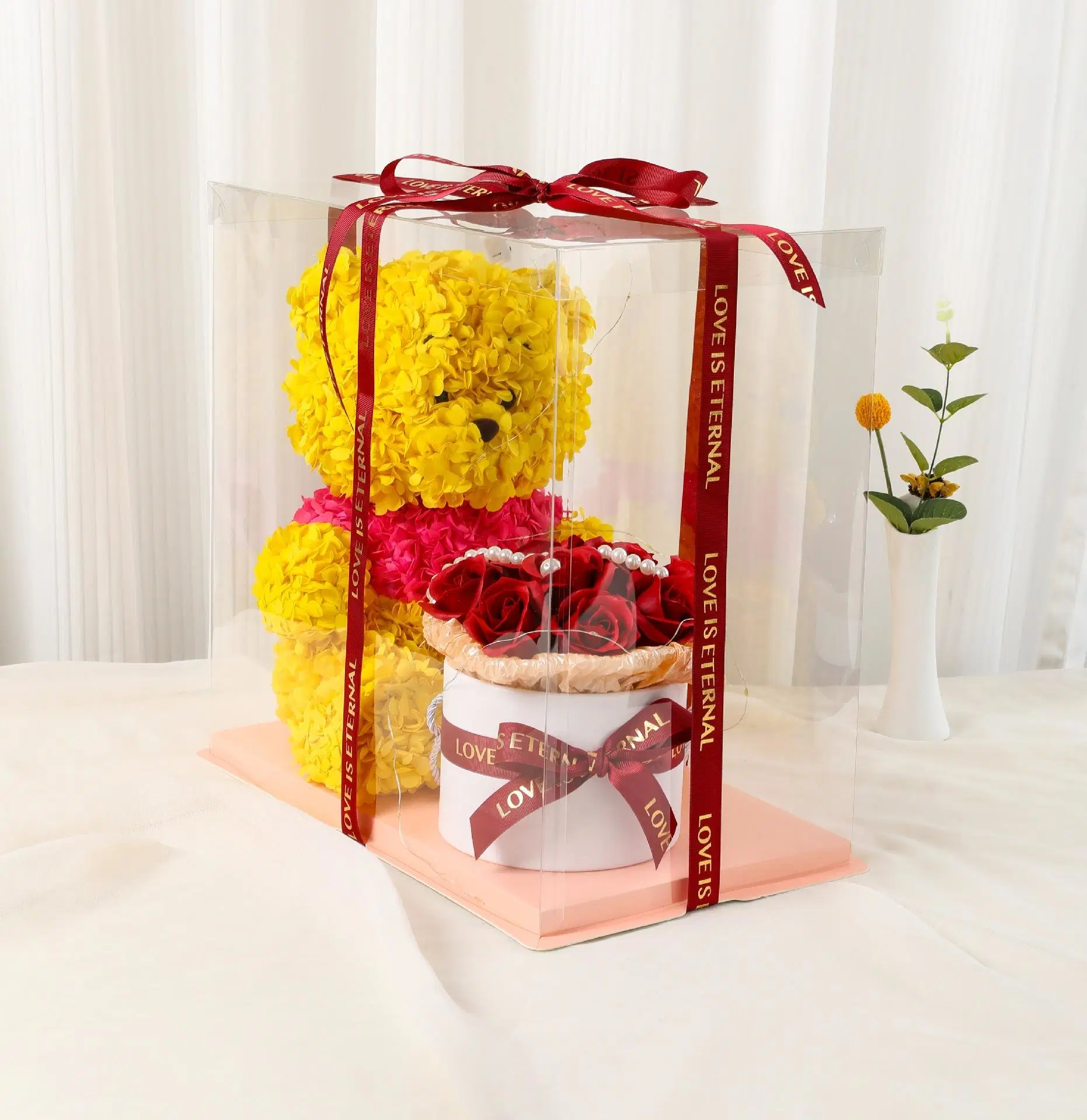 Conejo de oso rosa Novedades Regalo del día de la Madre Flor de jabón Flor de rosa artificial en caja para regalo de la decoración del día de San Valentín