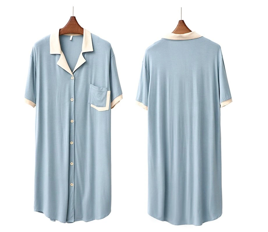 New Summer Cute Style Fashion Girlish Nightgown for Teen Girl Contrast Lapel Modal Fashion Homedress for Young Lady with Buttons