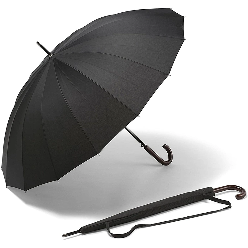 Black Coated Travel 16 Panels Long Wood Material Straight Umbrella for Adlut with Custom Logo