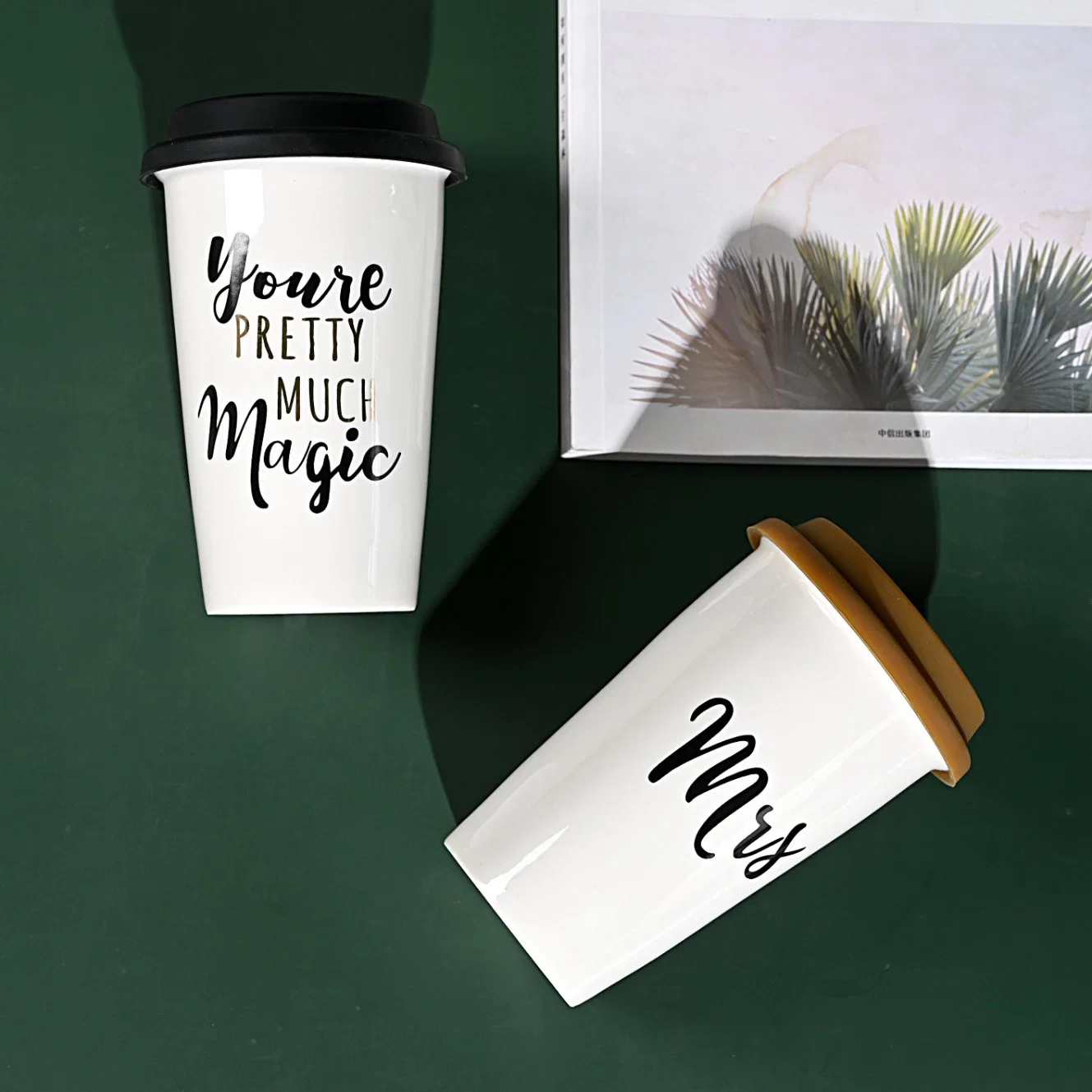 Custom Sublimation Double Wall Ceramic Coffee Mug Travel Coffee Cup with Silicone Lid and Customized Logo