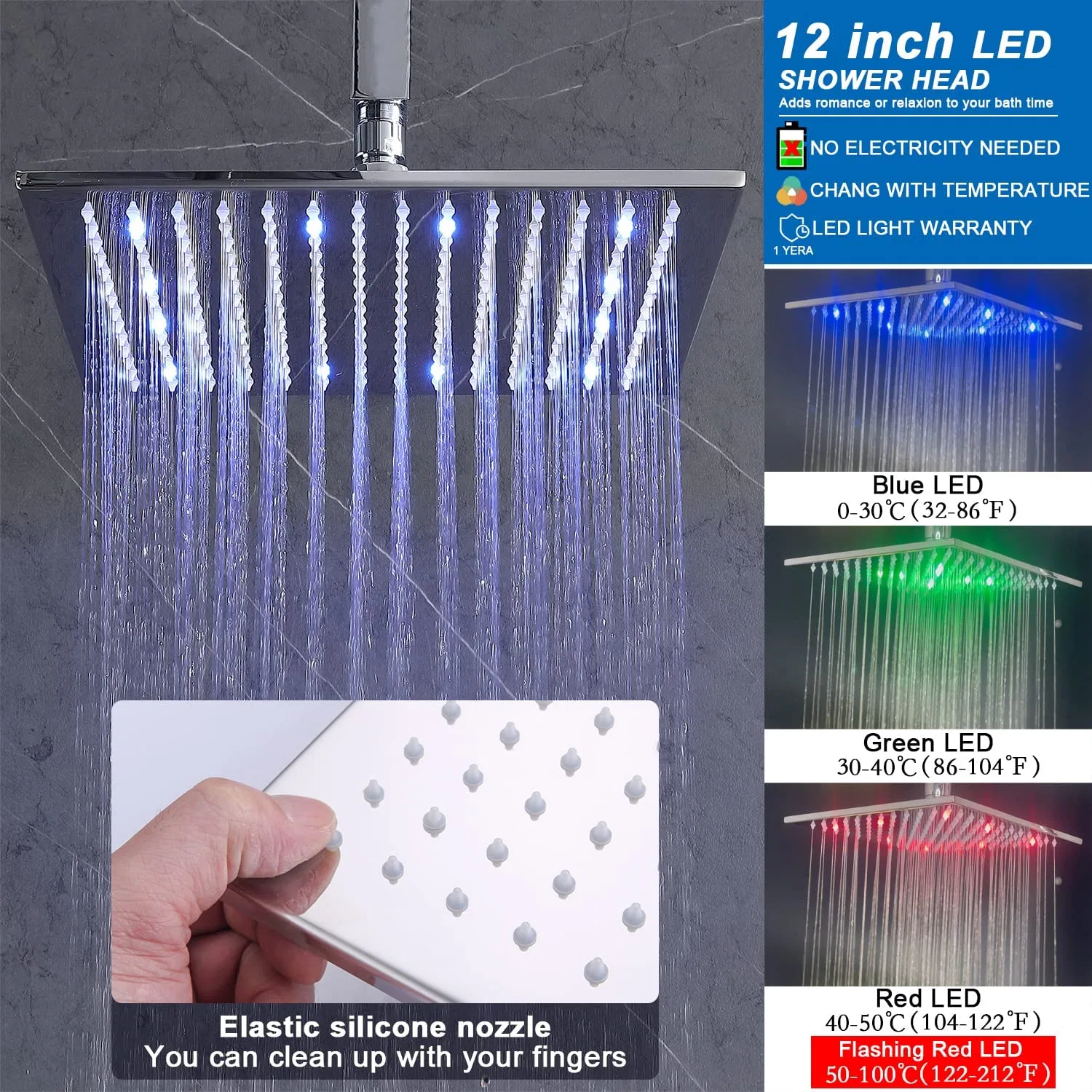 Cabezal de ducha LED 12" del sistema termostático de pared con chorros de agua, se pueden ejecutar simultáneamente por separado, cuarto de baño de latón grifo Ducha Combo (Techo cromo)