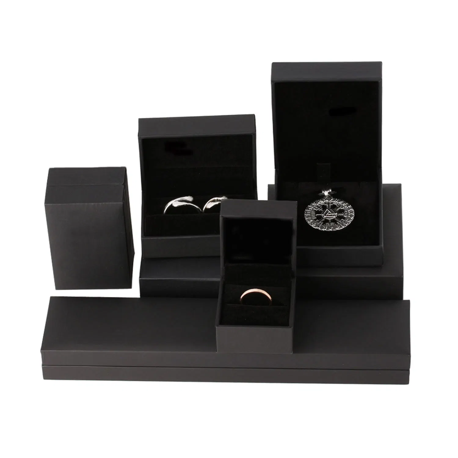 Boîte à bijoux en papier simili cuir noir en gros pour boucle d'oreille / bracelet / bague / pendentif / emballage de bijoux