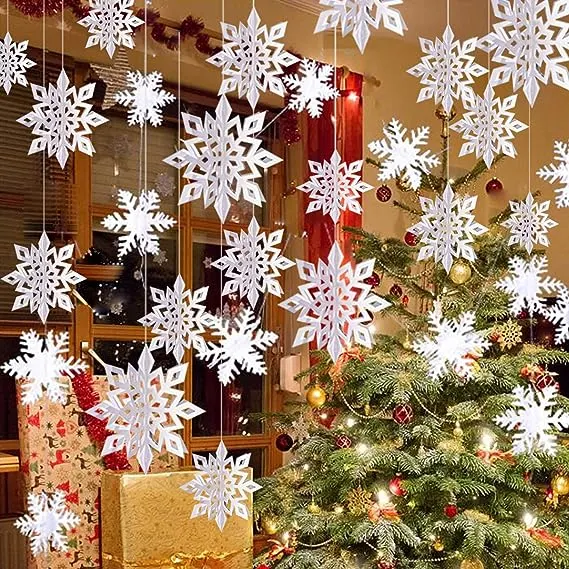 46PCS plástico Snowflake ornamento Natal glitter Snowflake Hanging Christmas Tree Decorações com corda prateada para decorações de inverno porta da janela da árvore ACCESSO