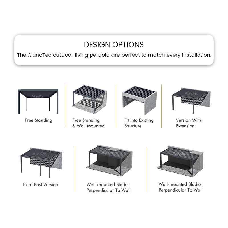 AlunoTec الفاخرة الحديثة Veranda Gazebo مربع الخشب الصلب علبة التغليف قابلة للضبط أثاث ألومنيوم بزوغ خارجي من الألومنيوم السفا