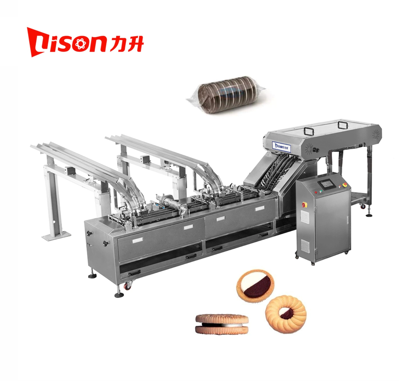 Easy Operated Double Lane Sandwich Biscuit Cream Filling Machine Automatic Counting Stacking and Discharging Cookie on Edge Packing Line