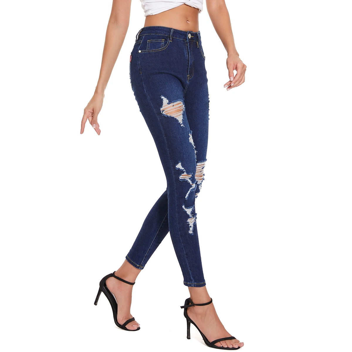 Custom Regualr Fit Frayed Destoryed Design Brand Denim Trendy Women Jeans