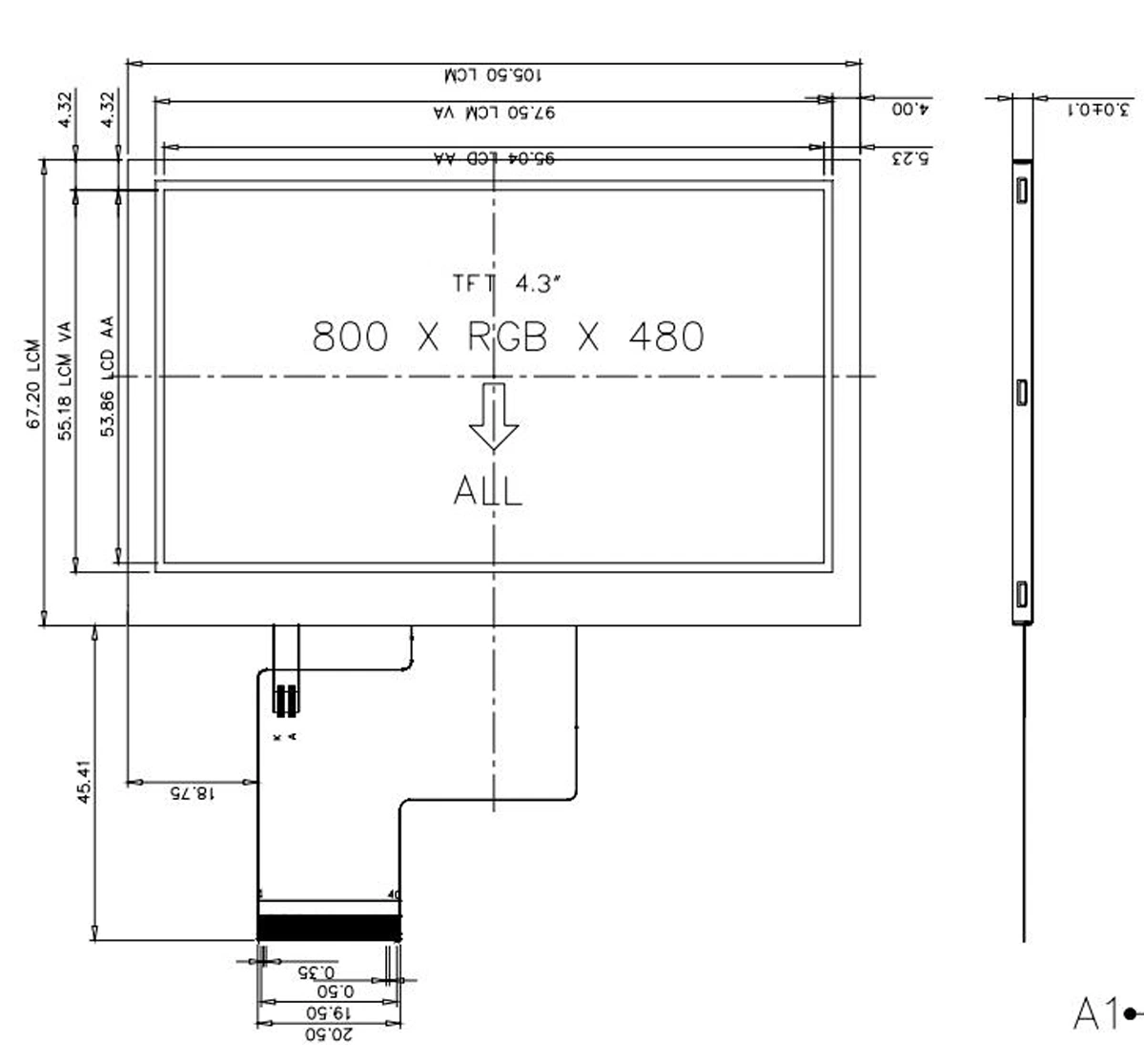 4,3-Zoll-Farb-Active Matrix-LCD-Modul mit 800 (RGB) *480 Auflösung