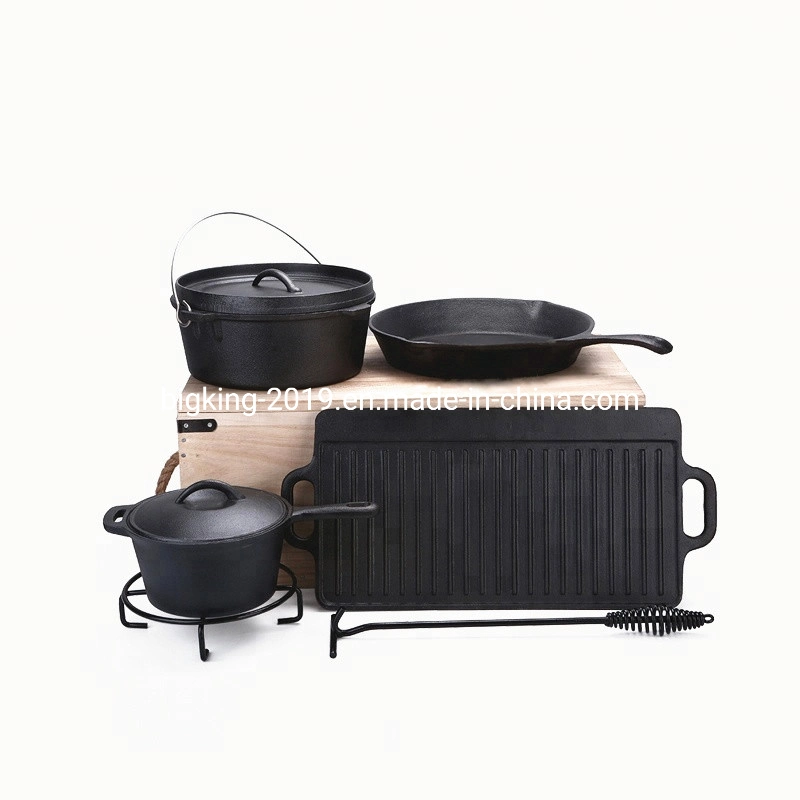 7pcs Camping Panini de hierro fundido Cast-Iron utensilios de cocina wok juegos con caja de madera