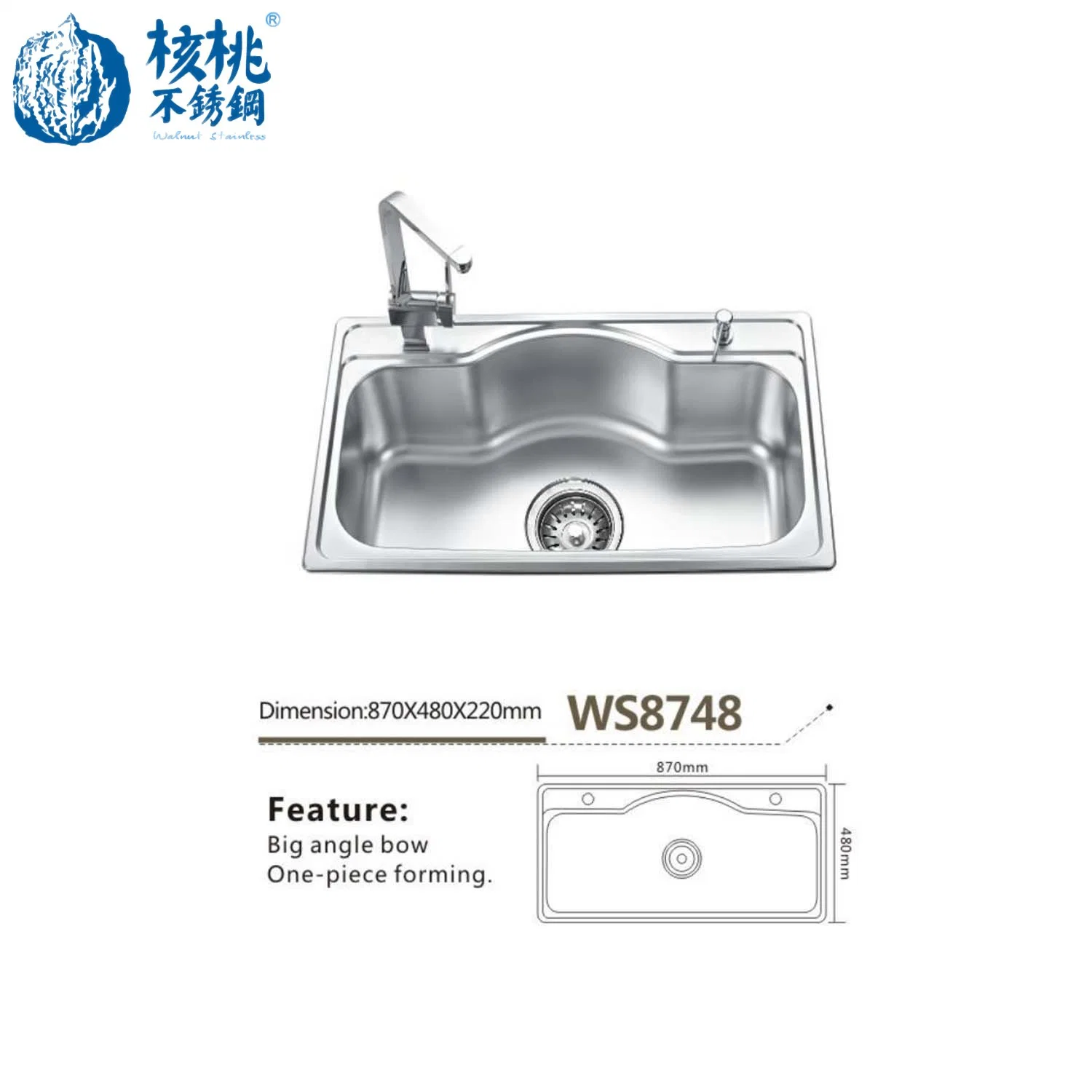 Walnut Pressed One Piece Deep Single Bowl Kitchen Sink SUS304/201 Stainless Steel Large Wash Basin with Faucet Factory High Quality OEM/ODM