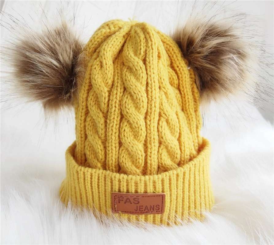 Infant Toddler Beanie Woolen Hat Pure Color Winter Twist Double POM POM Wool Knitted Hat for 1-3 Years Old Esg13428